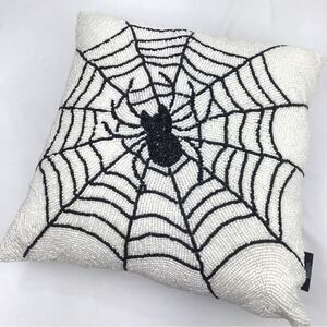 Noir Night Black Spiderweb White Beaded 16” Halloween Decor Accent Throw Pillow